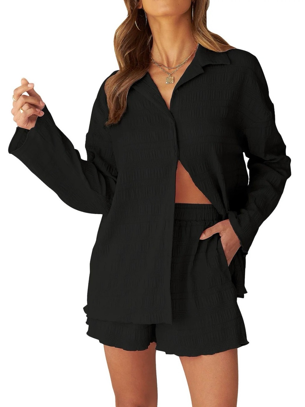 NWT Merokeety Textured Lounge Set with Long Sleeve Button Down and Shorts Size L